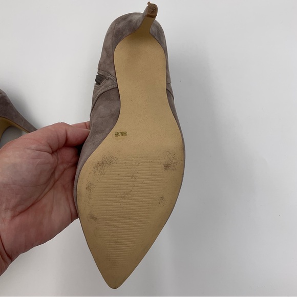 BCBGeneration Suede Zip Ankle Bootie Heels Cut Out Buckle Strap Taupe Warm Grey - Picture 14 of 16